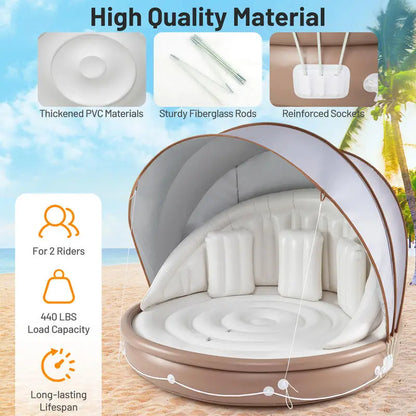 Inflatable Canopy Island Tanning Pool Lounger Float with Retractable Canopy