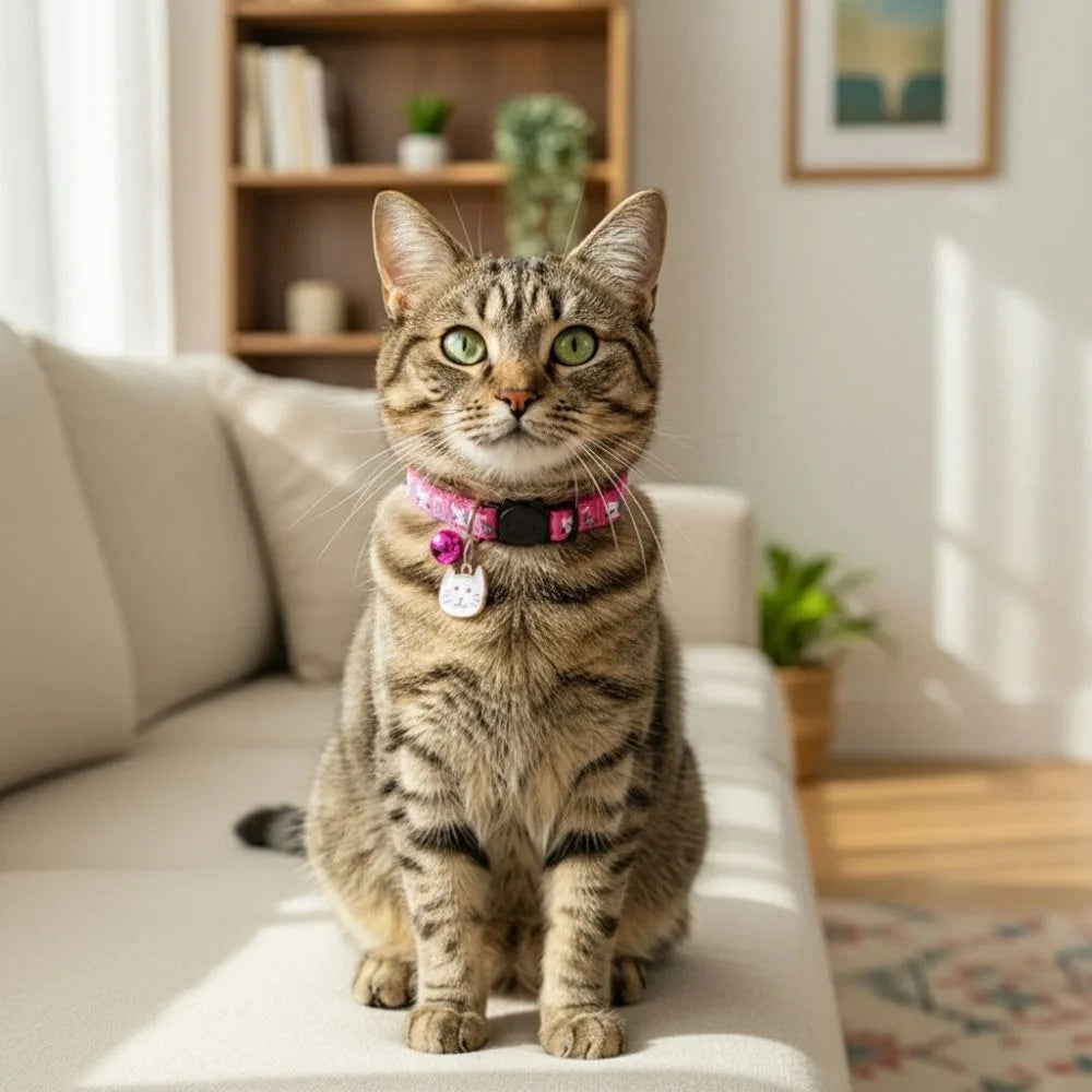 Adjustable Pet Cat Collar Quick Release Safety Buckle Anti-choking Puppy Collar with Cat Face Pendant Bell Cat Pattern