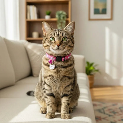 Adjustable Pet Cat Collar Quick Release Safety Buckle Anti-choking Puppy Collar with Cat Face Pendant Bell Cat Pattern