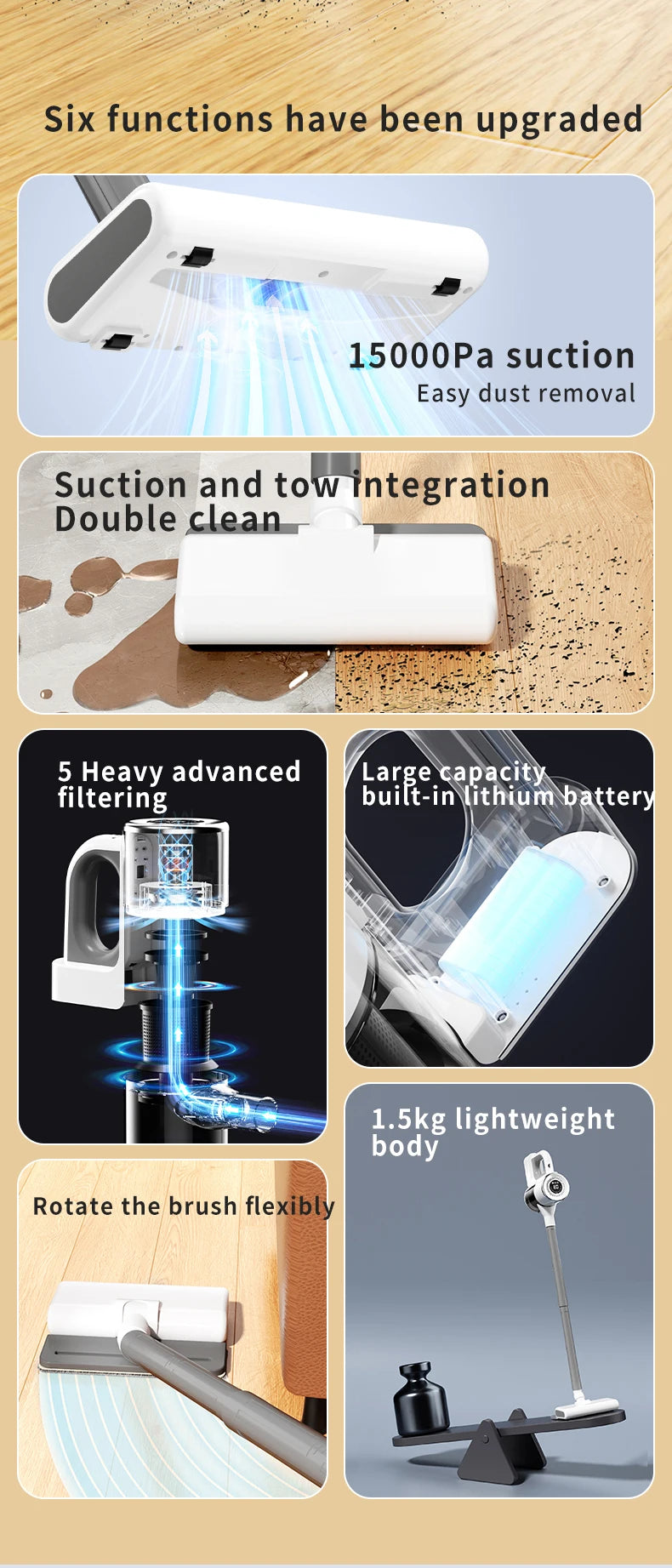 Handheld Cordless Vacuum Cleaner, 18Kpa 55Mins Smart Stick Vac with Tangle-Resistant Design Hard Floor Carpets Pet Hair