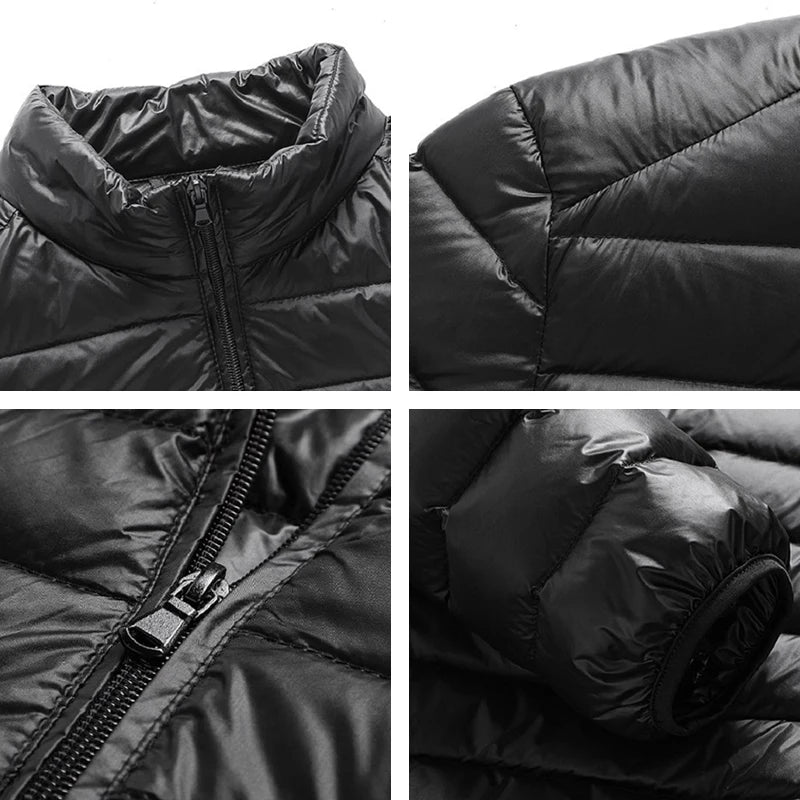 Men White Duck Down Jacket Warm Hooded Ultra Lightweight Packable Coat Winter Water and Wind-Resistant Breathable Down Jacket