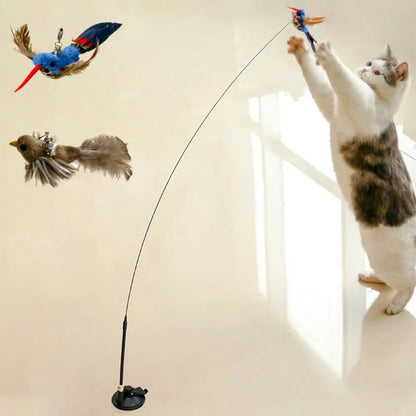 Plush Simulated Bird Cat Stick Head Cat Teaser Stick Colorful Cat Playing Teaser Wand Suction Cup Teaser Toy Interactive Cat Toy