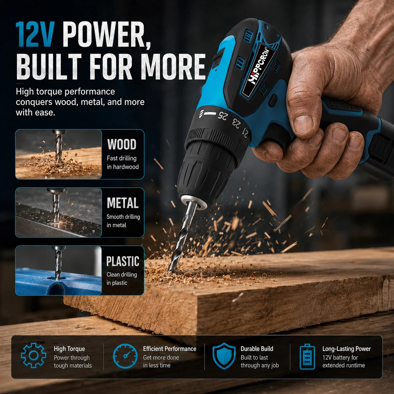 Hippcron 12V Lithium Electric Drill Tapping Cordless Impact Tool Ratchet Set Multifunction Screwdriver Household with 3/8" Chuck