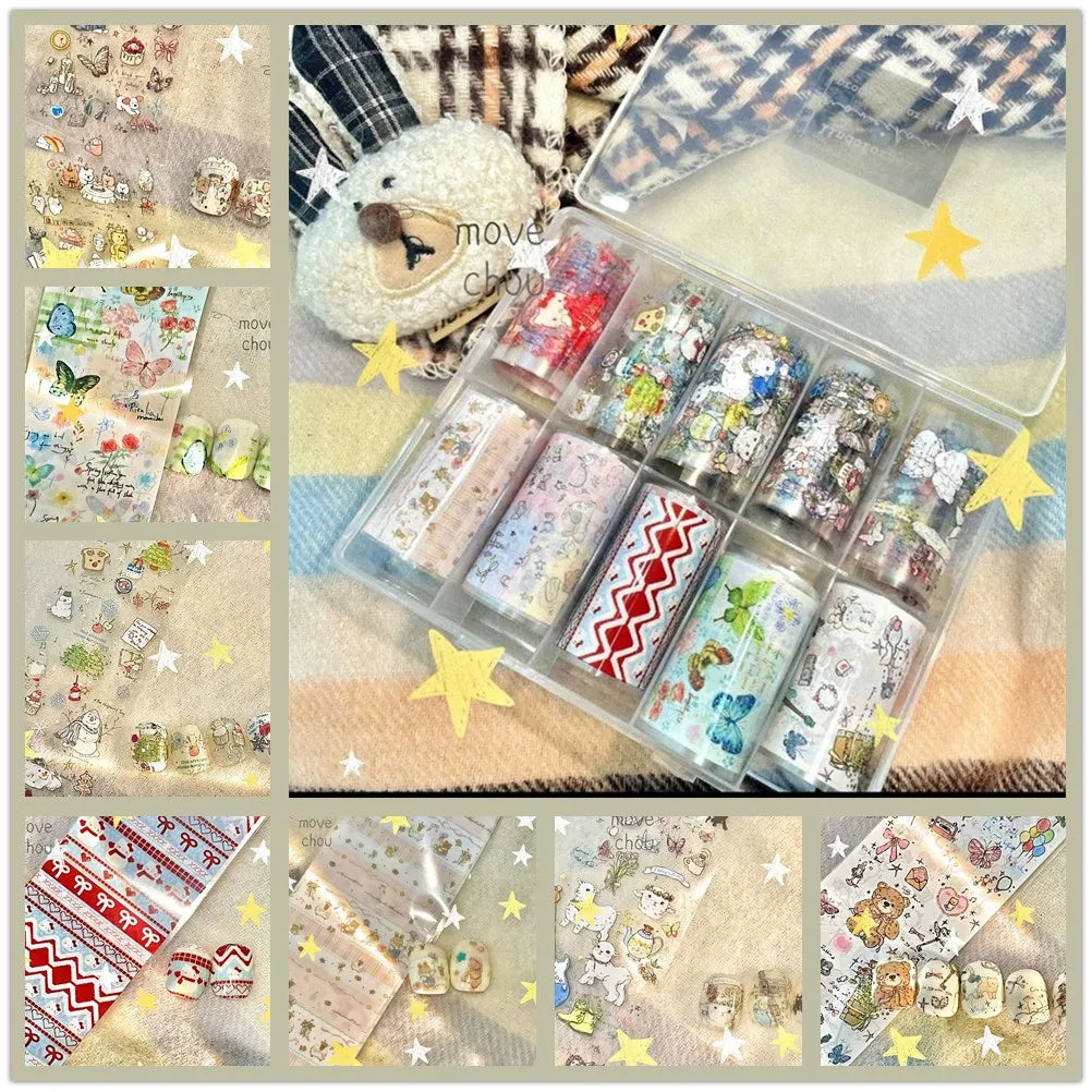 10Rolls Plaid Thousand-Bird Bow  Stars Nail Foils Transfer Paper  Nail Art Stickers  Manicure Set Decal  Nails Decoration