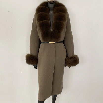 Long Knitwear Coat Women Warm Belt Real Fox Fur Jacket Female 2024 New Autumn Winter Kintted Natural Fur Coat Women