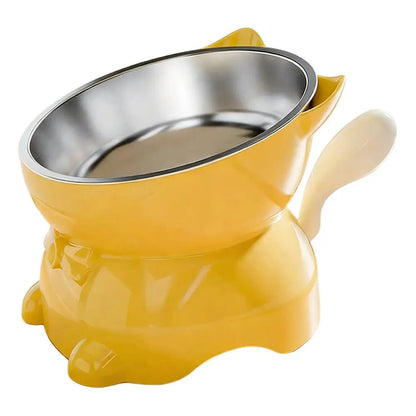 Elevated Stainless Steel Cat Bowl, Inclined Food & Water Dish with Cute Ear Stand, Neck Protection Design for Cats