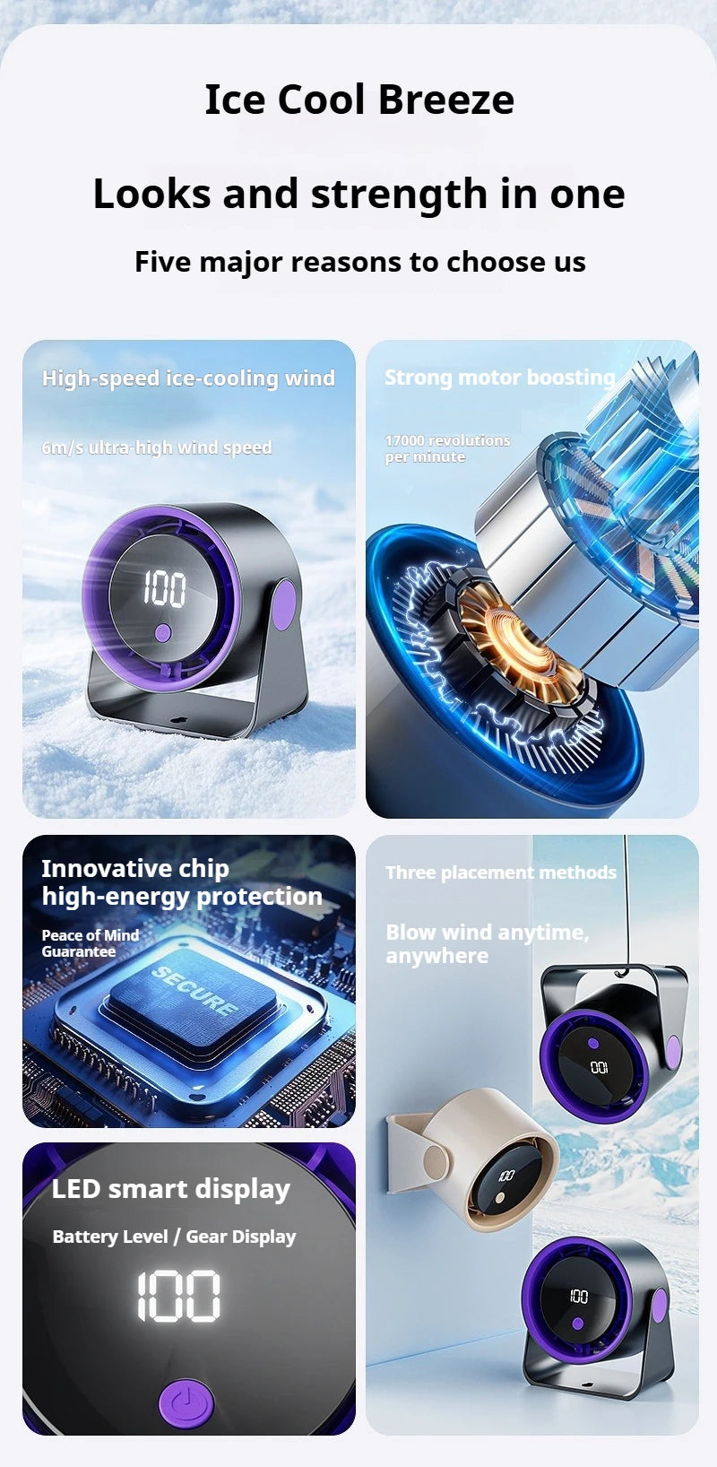 Desktop Fan Low-noise and Silent 100-speed Adjustable LED Display, Large-capacity Mini Desktop Wall-mounted Fan 1800mah