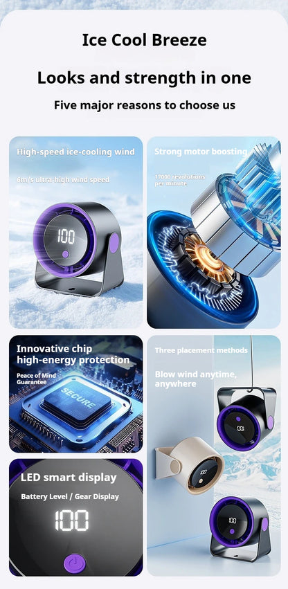 Desktop Fan Low-noise and Silent 100-speed Adjustable LED Display, Large-capacity Mini Desktop Wall-mounted Fan 1800mah