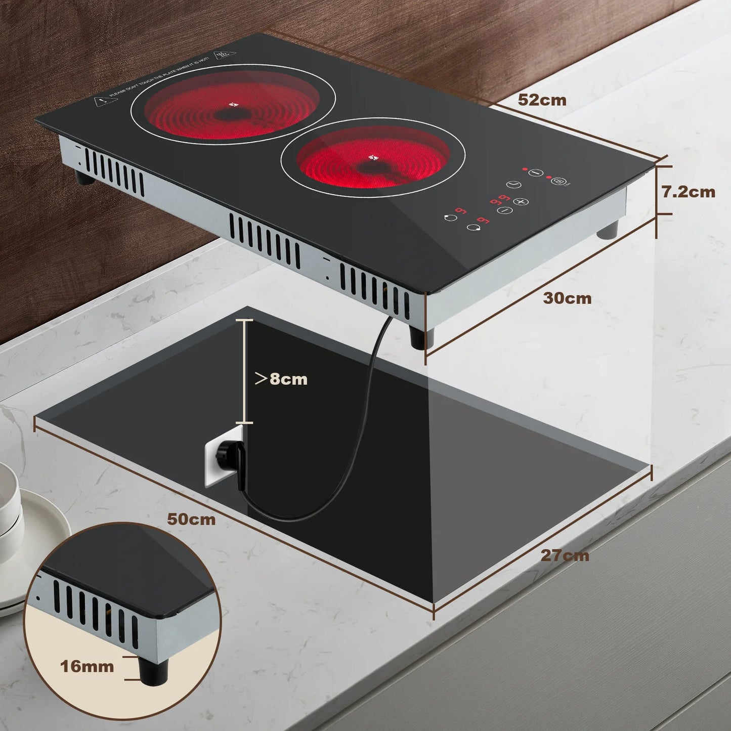 KICHPOWER 2 Plate with Plug Touch Control Glass Ceramic Hob
