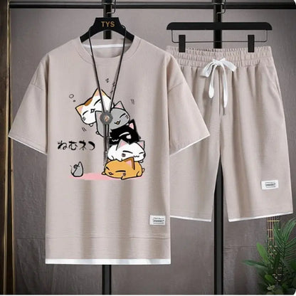 2024 Men's Summer Waffle Set Brand Fashion Casual T-shirt+Shorts Set Men's Sports Set Loose ComfortableSlo Two-piece Set