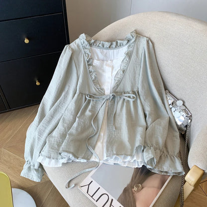 Korean Casual Sweet Fungus Lace Collar Women's Shirt Top Autumn New Women Fashion Fake Two-Piece Lace Up Long Sleeved Shirt