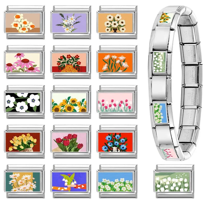 2025 Women's Fashion Colorful Flowers Oil Painting Style Series Italian Charms Fit 9mm Stainless Steel Bracelet DIY Jewelry Gift
