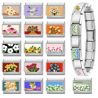 2025 Women's Fashion Colorful Flowers Oil Painting Style Series Italian Charms Fit 9mm Stainless Steel Bracelet DIY Jewelry Gift