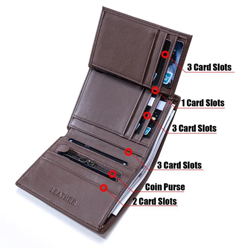 Men Wallet Genuine Leather Wallets for Men Zipper Purse Vertical Business Wallets RFID Anti-Theft Credit Card Holder Money Bag