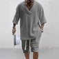 2024 Spring and Summer Casual Shorts Set Knitted Two Piece Men's V-neck Short Sleeve T-shirt and Shorts Street Wear Knitted Set