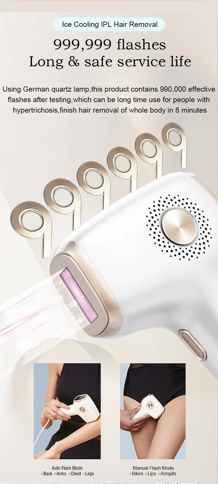 IPL Hair Removal with Ice Cooling Care Function for Women Permanent,999,999 Flashes Painless IPL Hair Remover Device