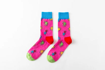 1Pair 35-44 Men Casual Cotton Sock Harajuku Cartoon Flamingo Loving Heart Cute Funny Character Japanese Socks