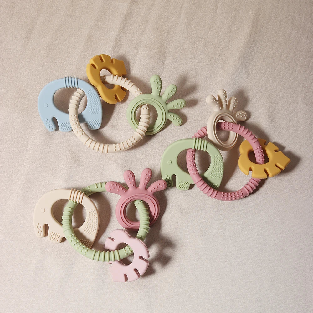 4 In One Baby Silicone Teether Ring BPA Free Rattles Bracelet Food Grade Elephant Cute Octopus Shaped Teething Ring Toys