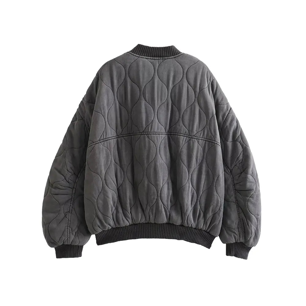 Women Fashion Oversized Thick Warm Quilted Bomber Jackets Coat Vintage Long Sleeves Snap-button Female Outerwear Chic Tops