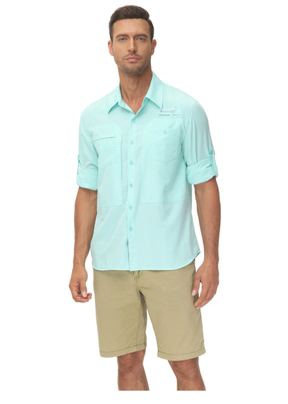 Men's Long Sleeve Fishing Shirts UPF 50+ Sun Protection Breathable Lightweight Travel Work Button Down Shirt with Zipper Pocket