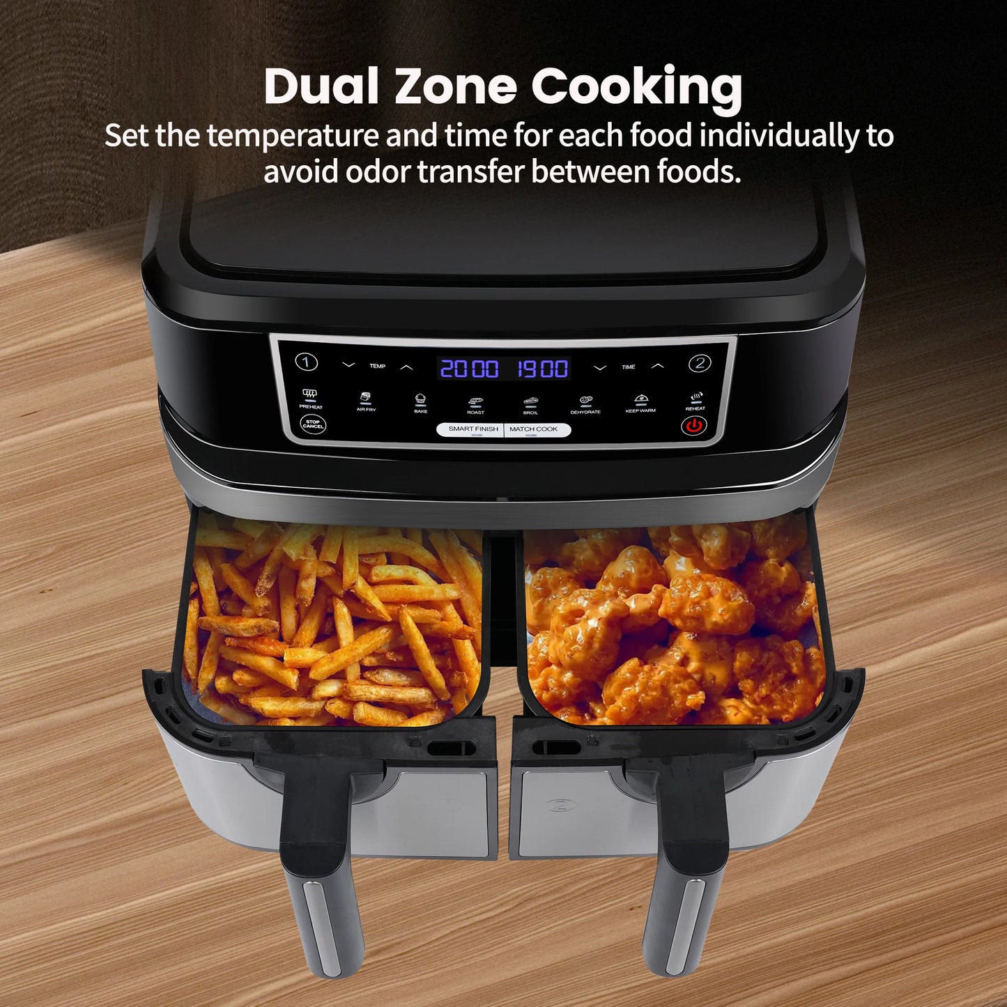 Hot Air Fryer Double Chamber 9 Litres XXL Air Fryer with 2 Independent 4.5L Drawers 8 Automatic Programmes with LED Touch Screen