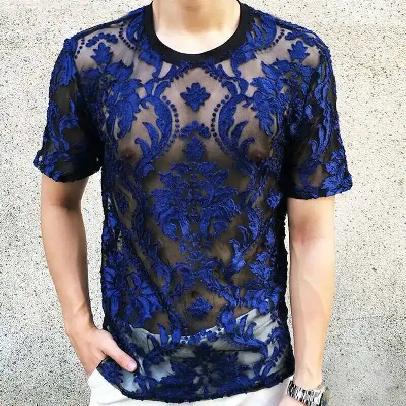 Sexy Round Neck T Shirt Soft Velvet Slim Men Clothing Nightclub Short-sleeved Top Quality Transparent Floral T Shirt See Through
