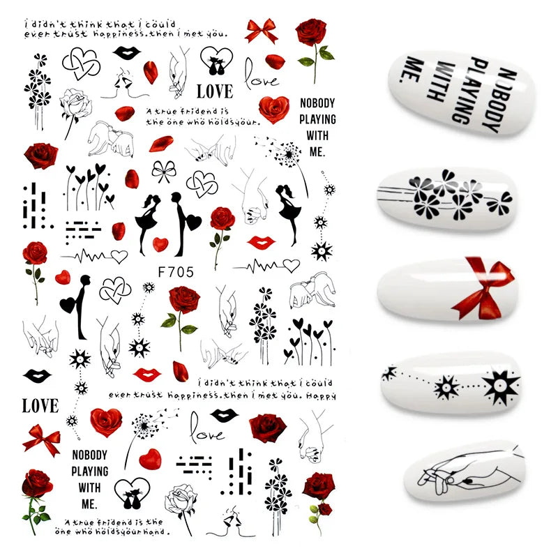 Black and White Love Flowers Line Art 3D Stickers Nail Decals Nail Art Accessories Butterfly Rose Nail Stickers Nail Sliders