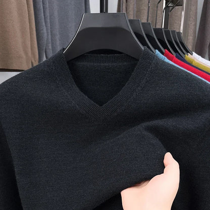 Men's V-Neck Basic Solid Color Sweatshirt Warm Autumn Knitted Oversize Pullover Elastic round Neck Sweater for Casual Wear