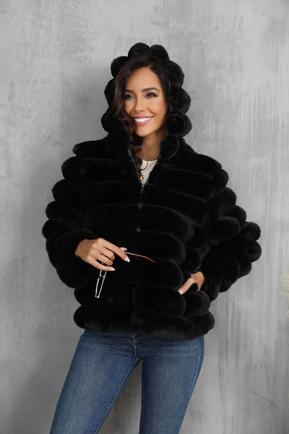 2026 Faux Fur Women Coats Hooded Full Sleeve Short Coat Zipper Thick Warm Solid Temperament Elegant Splice Autumn Winter