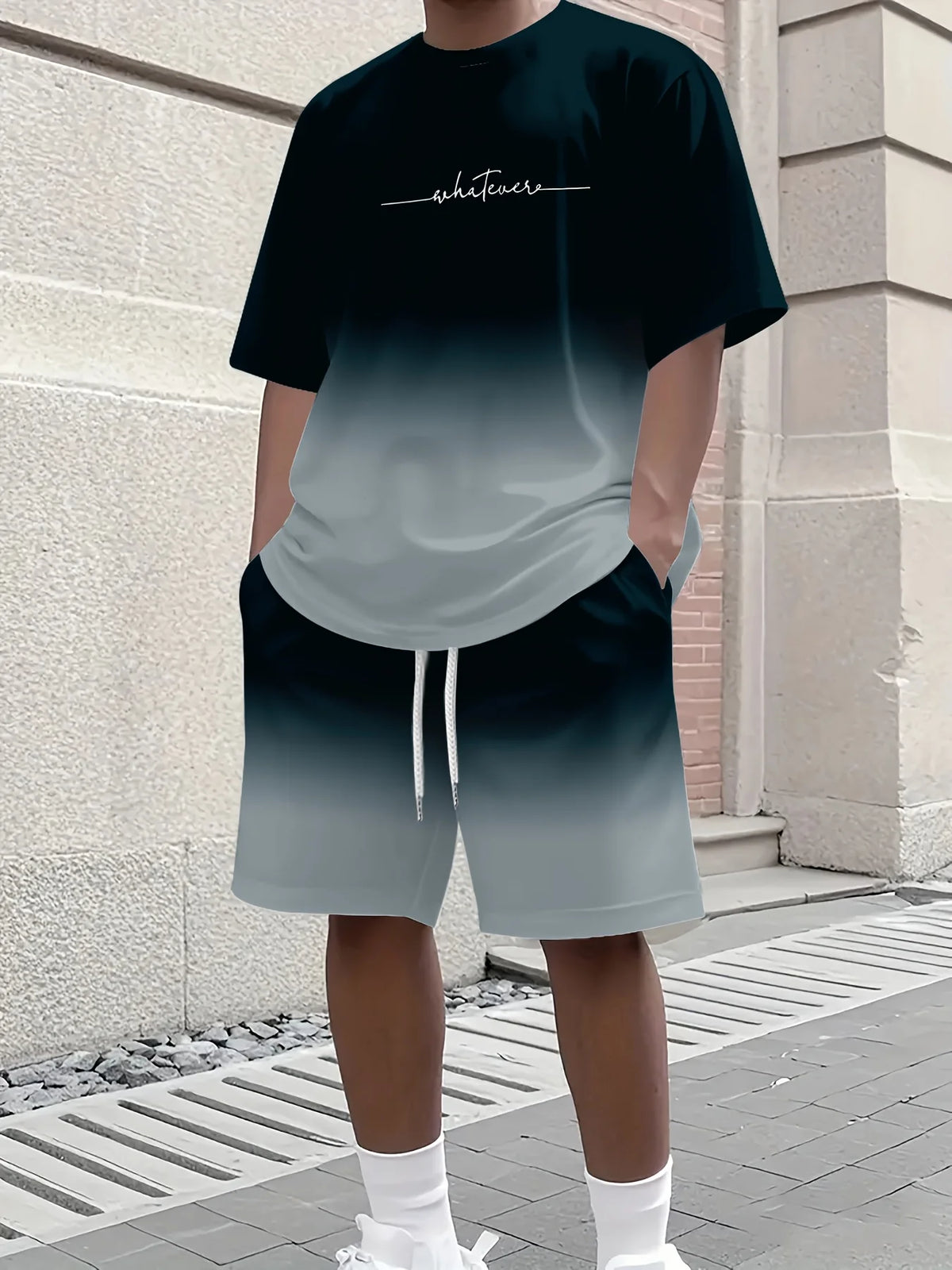 Summer Gradient Color Athletic T-Shirt and Shorts Set Stylish Men's Quick-Dry Athletic Short-Sleeve Top with Drawstring Shorts