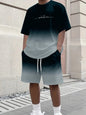 Summer Gradient Color Athletic T-Shirt and Shorts Set Stylish Men's Quick-Dry Athletic Short-Sleeve Top with Drawstring Shorts
