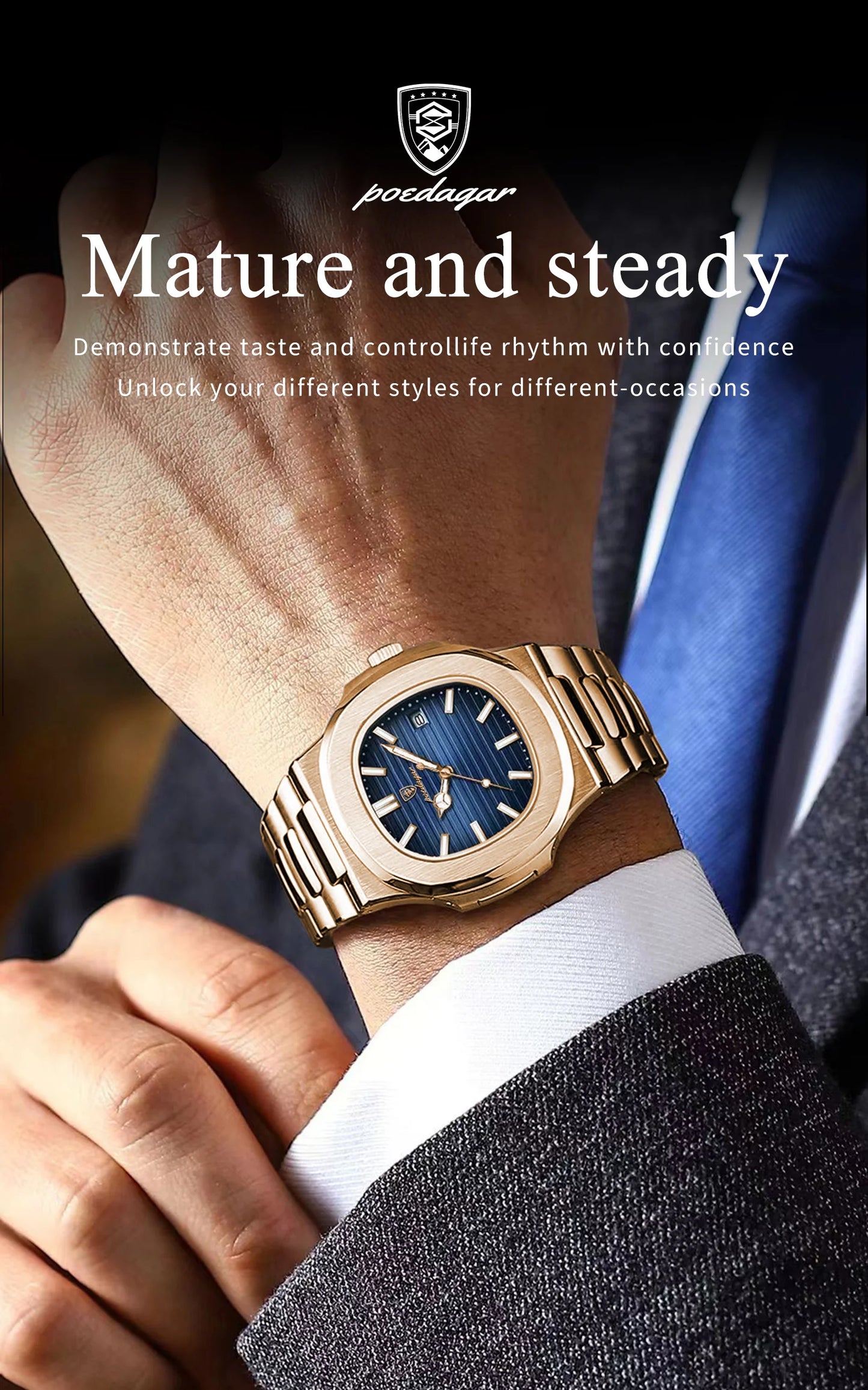 POEDAGAR Fashion Business Man Watch Waterproof Luminous Date Stainless Steel Men Quartz Watch Luxury Square Men's Watches Reloj