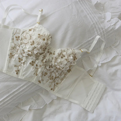 Three-Dimensional Embroidered Bra Sexy Lace Fish Bone Corset Widened Breasted With Steel Ring 2/1 Half Cup Bralette Underwear