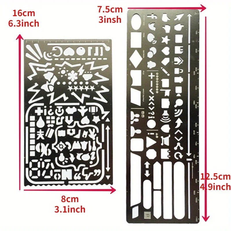 2pcs/set Vintage Portable Stainless Steel Stencils Hollow Ruler Planner Travel Diary Notebook DIY Tool Template Gift Stationery