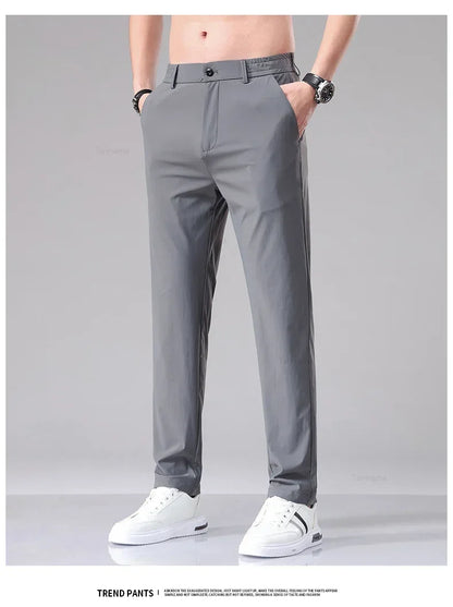 Ultra-thin Elastic Men's Casual Trousers Summer Quick-drying Ice Silk Slim Straight Business Solid Color Y2K Trousers Black Gray
