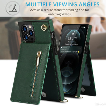 Zipper Wallet for IPhone 17 Air 16 16E 15 14 13 12 11 Pro Max Plus Case with Card Holder Lanyard Strap Crossbody Leather Cover