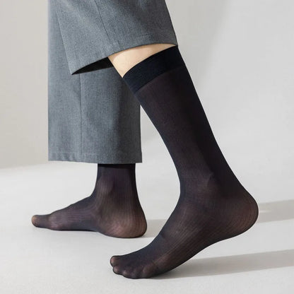 3 Pairs Summer Man Silk Socks Long Business Thin Nylon Striped Breathable Soft Elastic Below Knee Calf Formal Wear Crew Socks