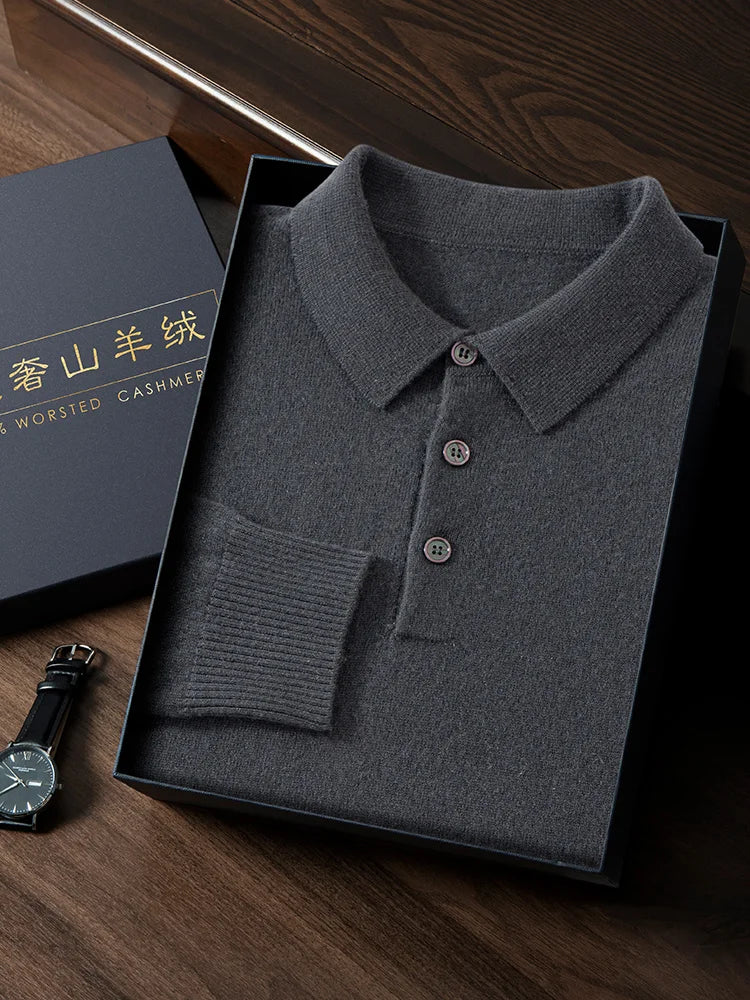 ANGEL 2024 Men's New POLO Shirt 100% Cashmere Knitted Pullover Solid Color Sweater Fall Winter Casual Business Office Jacket
