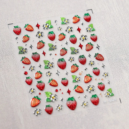 Fresh Sweet Fruits Strawberry Cherry Bowknot Love Heart Lemon 5D Nail Art Stickers Self Adhesive Decorations Nail Manicure Decal