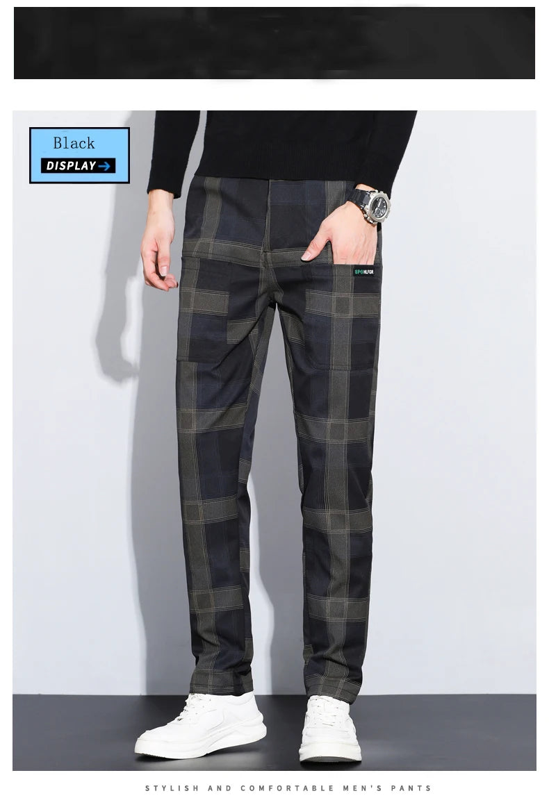 Autumn Winter Luxury Plaid Check Pattern Casual Pants Men Thick Business Elastic Waist Slim Fit Korean Pocket Long Trousers Male