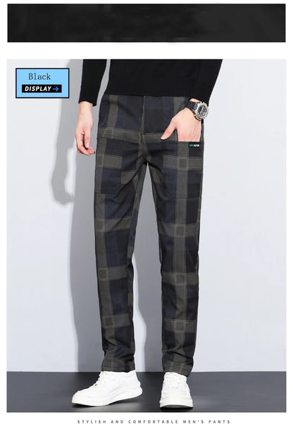 Autumn Winter Luxury Plaid Check Pattern Casual Pants Men Thick Business Elastic Waist Slim Fit Korean Pocket Long Trousers Male