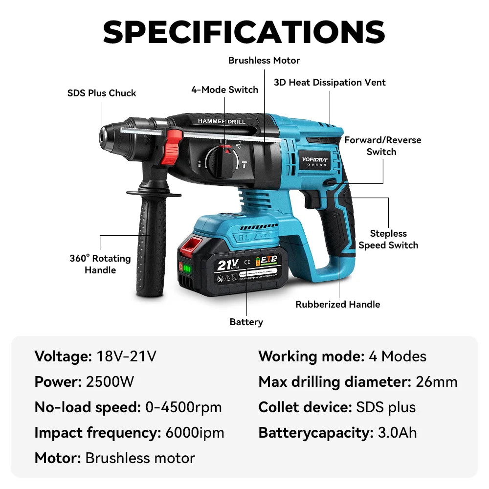 YOFIDRA 26mm Brushless Electric Rotary Hammer Cordless Multifunctional Impact Hammer Drill Power Tools For Makita 18-21V Battery Pin