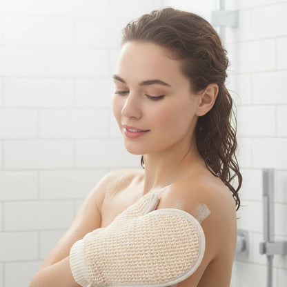 2-in-1 Exfoliating Glove - Cotton Linen Body Scrubber with Mesh Texture for Home Spa & Bath