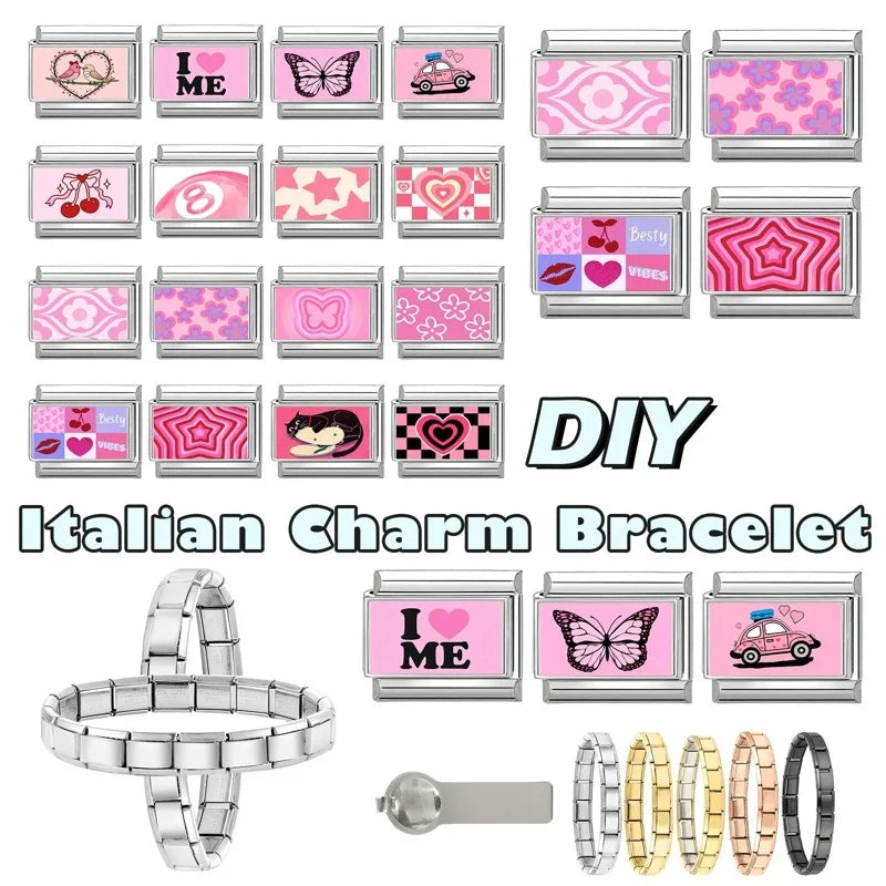 Wholesale Sweet Pink Series Stars Heart Flowers Butterfly Italian Link Fit 9mm Stainless Steel Bracelet Making DIY Charm Jewelry