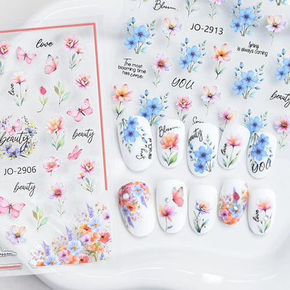 3d Nail Art Decals Spring Booming Violets Lavenders Purple Blue Pink Flowers Butterflys Stickers Decoration For Nail Tips Beauty