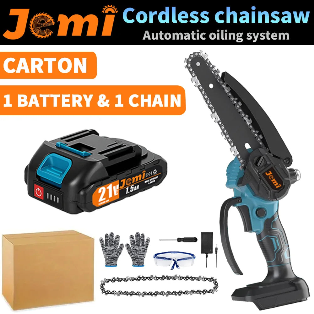 Jemi Tool 6 inch Portable Cordless Rechargeable Electric Chain Saw with Two Batteries, Equipped with Automatic Lubricator and Safety Lock,Wood Cutter, Garden orchard Pruning Tool