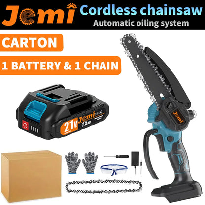 Jemi Tool 6 inch Portable Cordless Rechargeable Electric Chain Saw with Two Batteries, Equipped with Automatic Lubricator and Safety Lock,Wood Cutter, Garden orchard Pruning Tool
