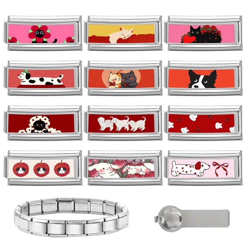 2025 New Women's Gift Cute Rabbit Cat Dogs Italian Charms Links Beads Fit 9mm Stainless Steel Modular Modular Bracelet Jewelry