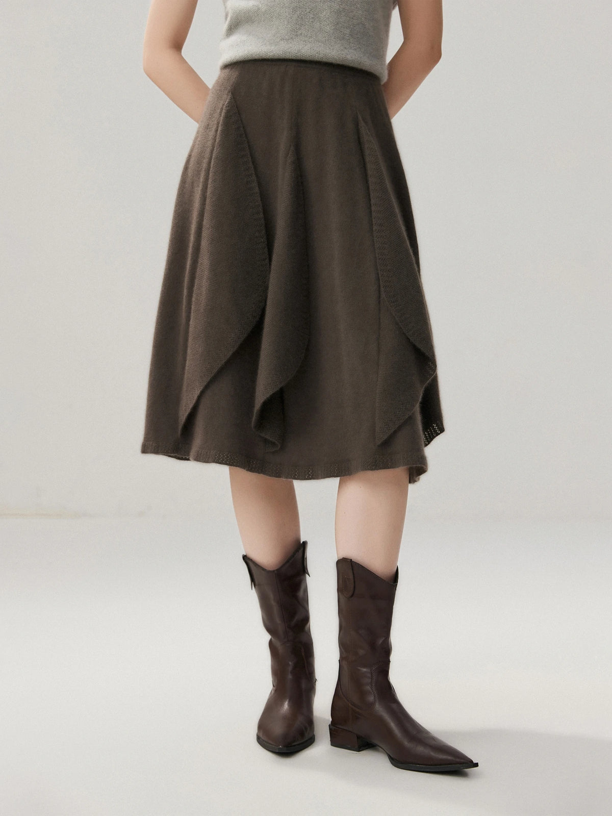 French 100% Pure Cashmere Skirt Ruffle Irregular A-line Soild Midi Sirt Autumn Winter Women Elegant Pleated  Knit Dress Fashion
