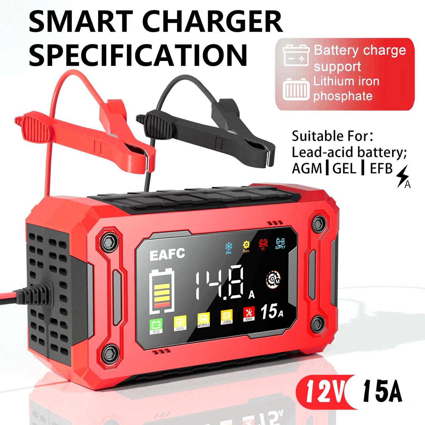 Newest 12V Car Battery Charger 15A/8A Pulse Repair Large Display Smart Charger for Car Motorcycle Lead Acid AGM GEL Batteries